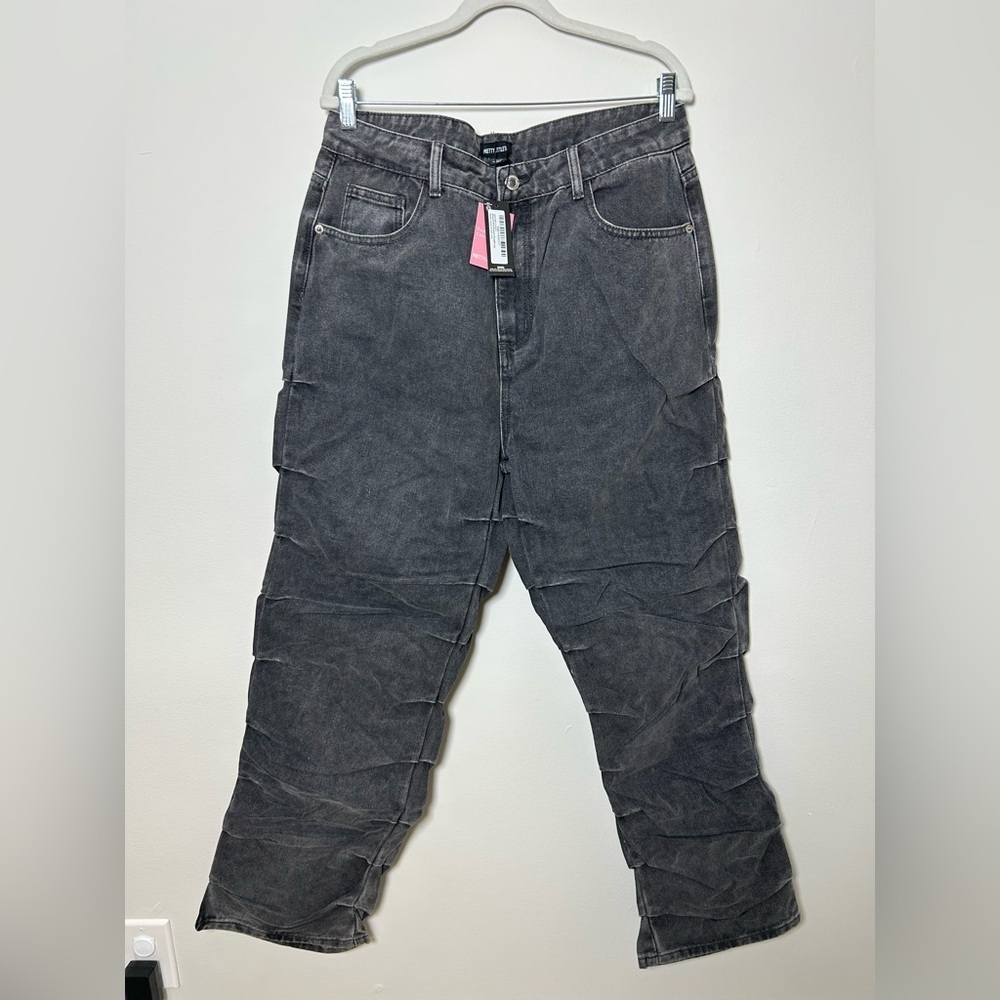 PrettyLittleThing Washed Grey Ruched Straight Leg Denim